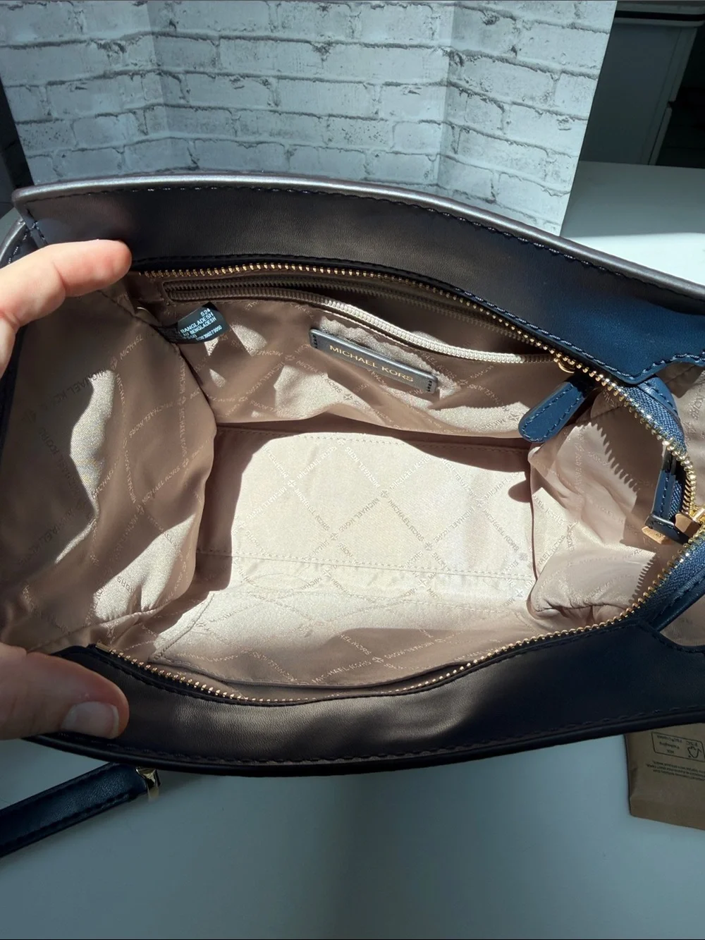 Michael Kors Navy Blue Pebbled Leather Satchel with Gold Hardware